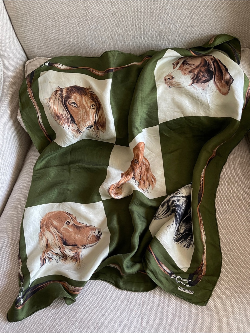 Vintage KERIER Silk Olive Green Dog Portraits Square Scarf - Picture 6 of 7